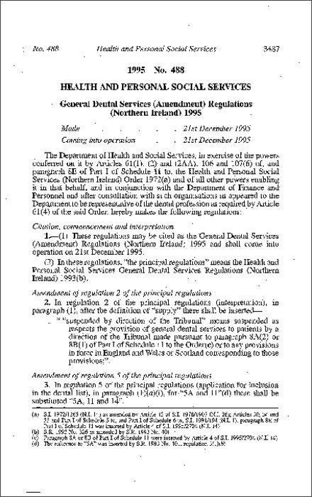 The General Dental Services (Amendment) Regulations (Northern Ireland) 1995