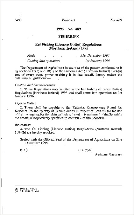 The Eel Fishing (Licence Duties) Regulations (Northern Ireland) 1995