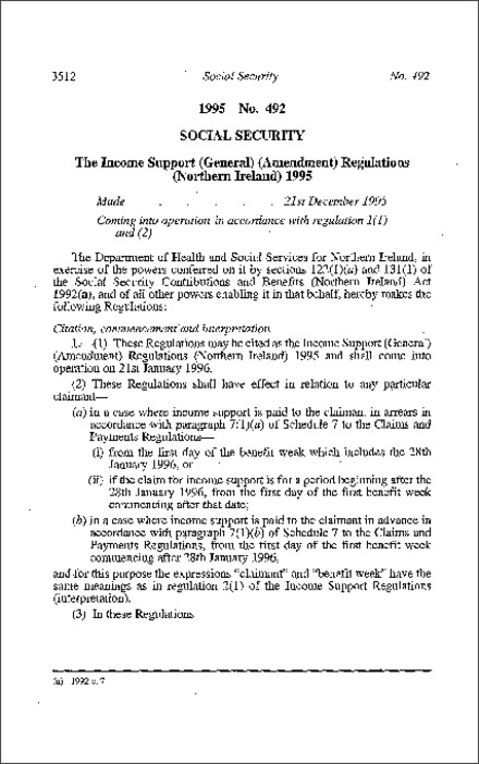 The Income Support (General) (Amendment) Regulations (Northern Ireland) 1995