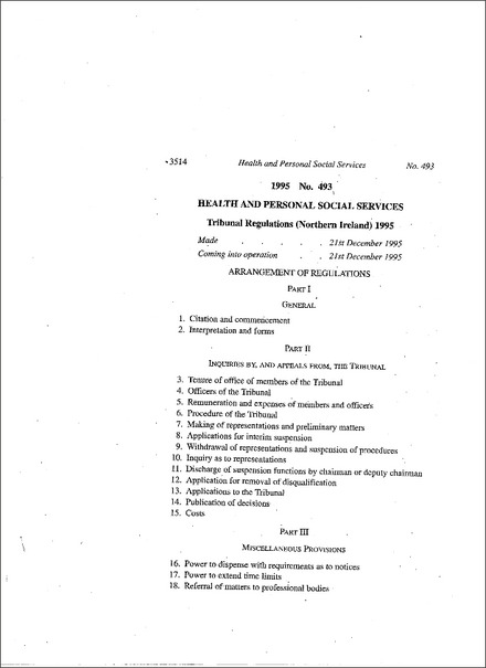 Health and Personal Social Services, Tribunal Regulations (Northern Ireland) 1995