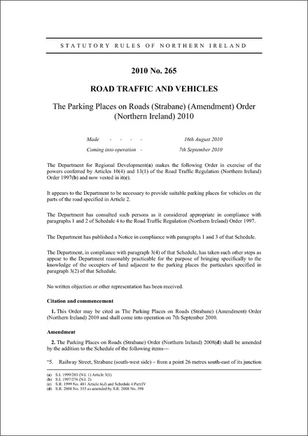 The Parking Places on Roads (Strabane) (Amendment) Order (Northern Ireland) 2010