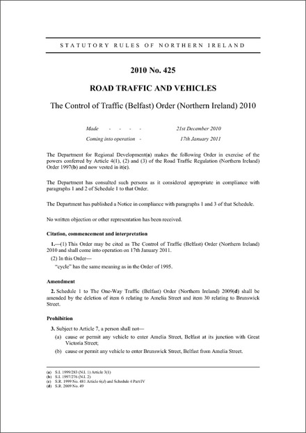 The Control of Traffic (Belfast) Order (Northern Ireland) 2010
