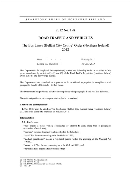 The Bus Lanes (Belfast City Centre) Order (Northern Ireland) 2012