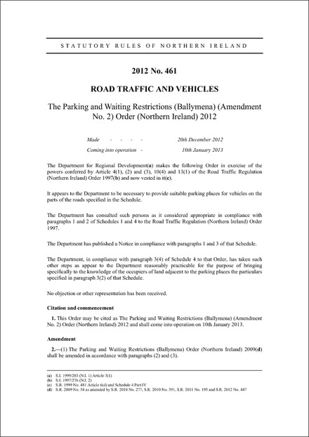 The Parking and Waiting Restrictions (Ballymena) (Amendment No. 2) Order (Northern Ireland) 2012