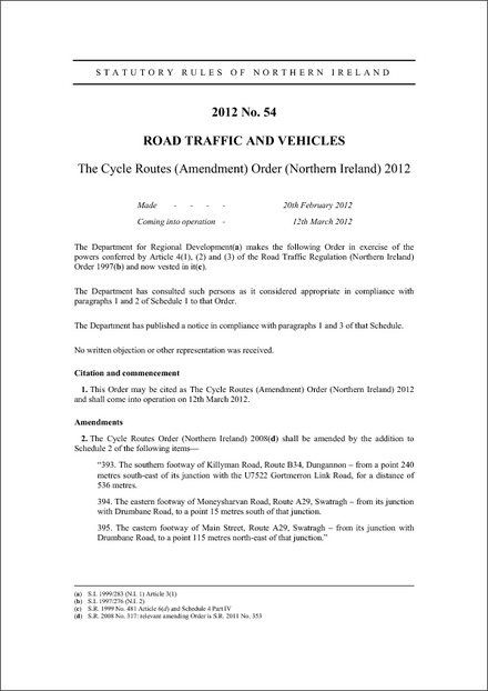 The Cycle Routes (Amendment) Order (Northern Ireland) 2012