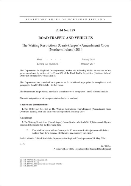 The Waiting Restrictions (Carrickfergus) (Amendment) Order (Northern Ireland) 2014