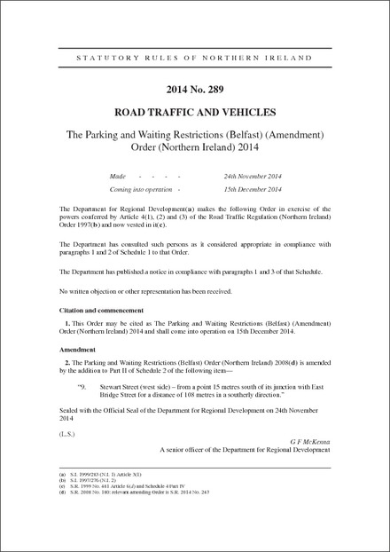 The Parking and Waiting Restrictions (Belfast) (Amendment) Order (Northern Ireland) 2014