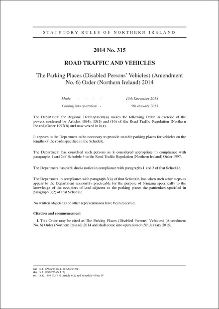 The Parking Places (Disabled Persons’ Vehicles) (Amendment No. 6) Order (Northern Ireland) 2014
