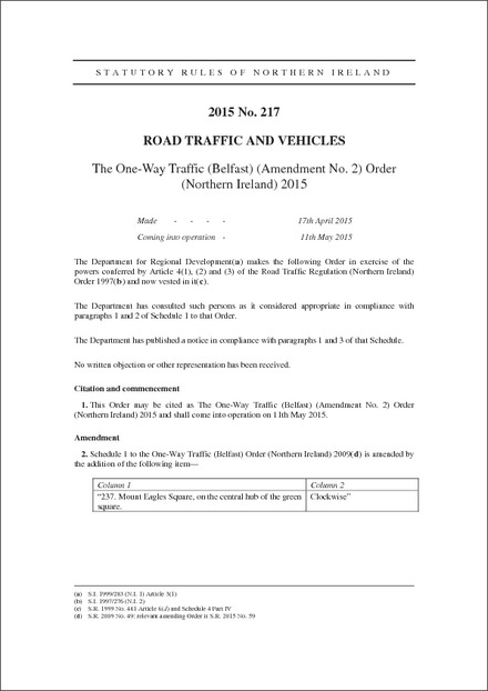 The One-Way Traffic (Belfast) (Amendment No. 2) Order (Northern Ireland) 2015
