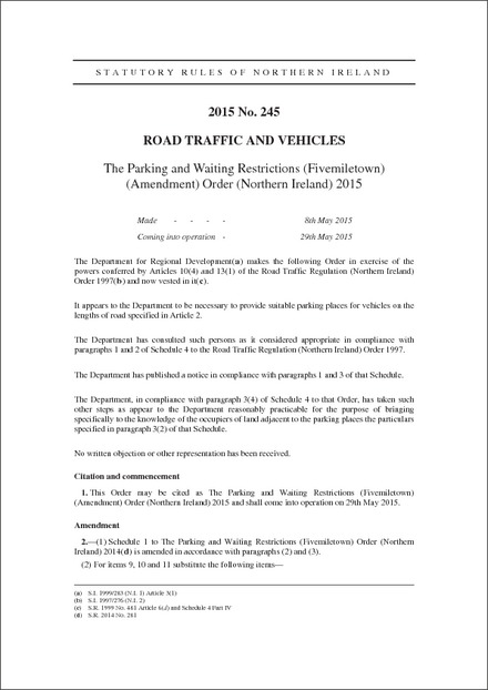 The Parking and Waiting Restrictions (Fivemiletown) (Amendment) Order (Northern Ireland) 2015