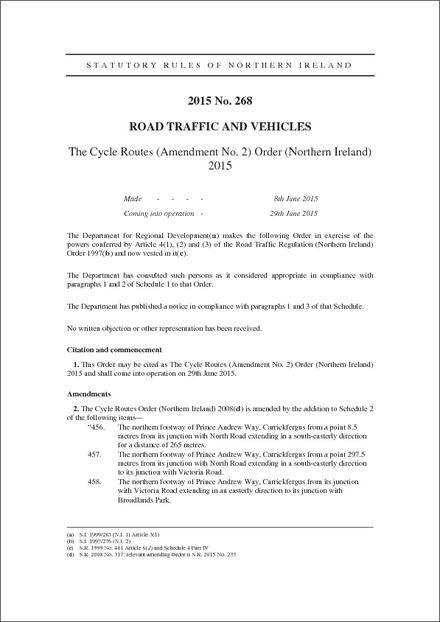The Cycle Routes (Amendment No. 2) Order (Northern Ireland) 2015