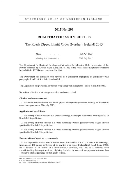 The Roads (Speed Limit) Order (Northern Ireland) 2015