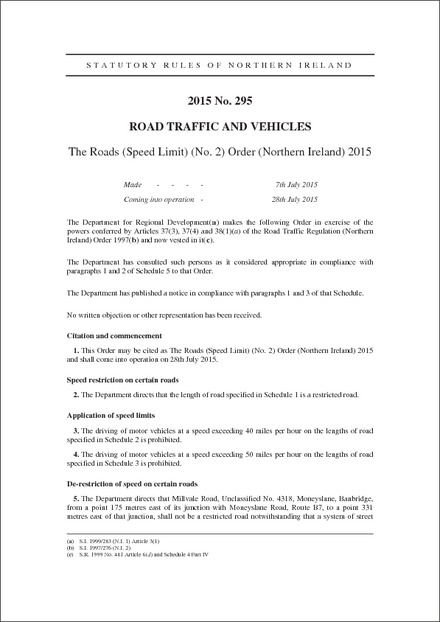 The Roads (Speed Limit) (No. 2) Order (Northern Ireland) 2015