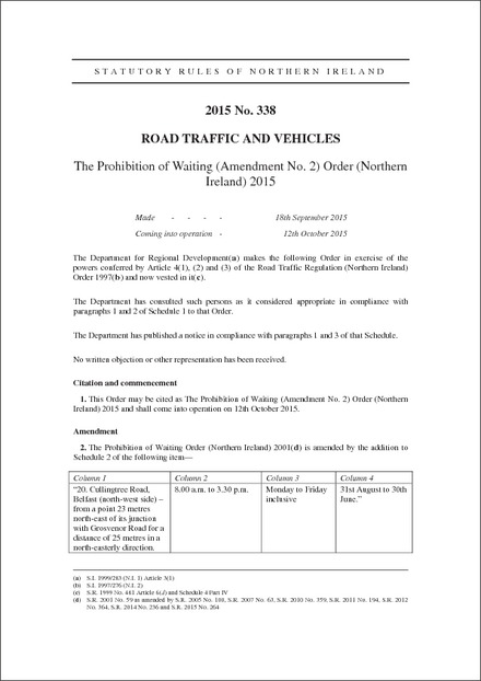 The Prohibition of Waiting (Amendment No. 2) Order (Northern Ireland) 2015