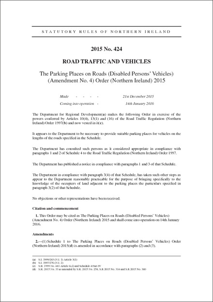 The Parking Places on Roads (Disabled Persons’ Vehicles) (Amendment No. 4) Order (Northern Ireland) 2015