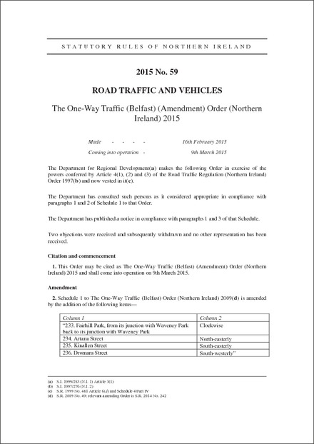 The One-Way Traffic (Belfast) (Amendment) Order (Northern Ireland) 2015