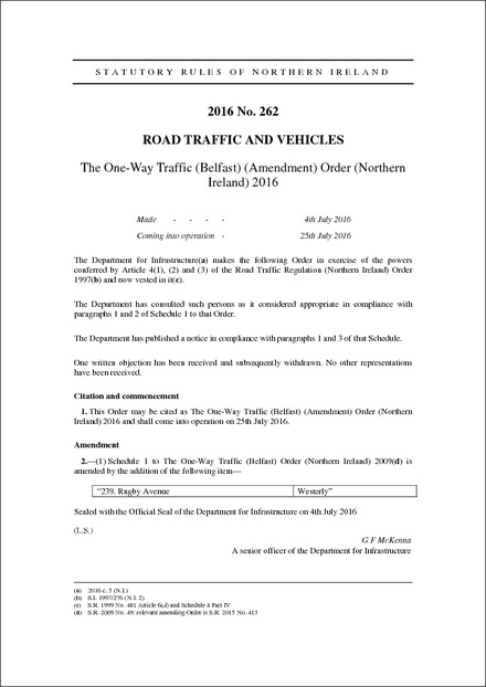 The One-Way Traffic (Belfast) (Amendment) Order (Northern Ireland) 2016