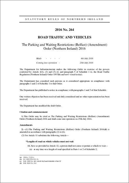 The Parking and Waiting Restrictions (Belfast) (Amendment) Order (Northern Ireland) 2016