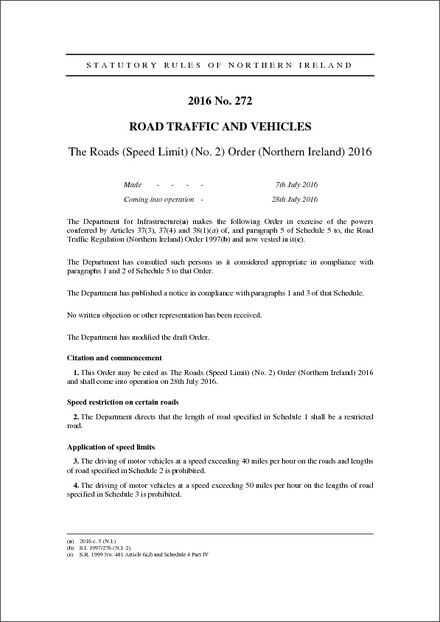 The Roads (Speed Limit) (No. 2) Order (Northern Ireland) 2016
