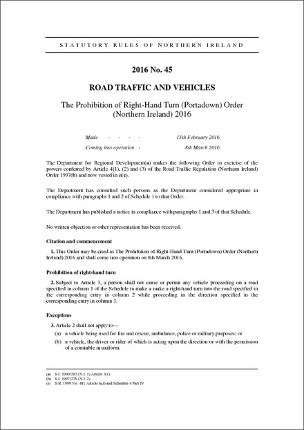The Prohibition of Right-Hand Turn (Portadown) Order (Northern Ireland) 2016