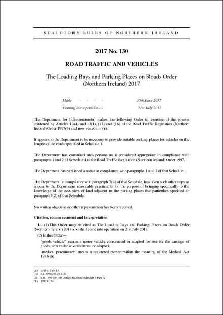 The Loading Bays and Parking Places on Roads Order (Northern Ireland) 2017