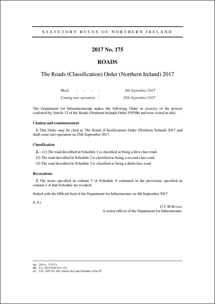 The Roads (Classification) Order (Northern Ireland) 2017