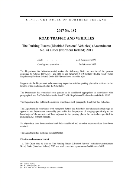 The Parking Places (Disabled Persons’ Vehicles) (Amendment No. 4) Order (Northern Ireland) 2017
