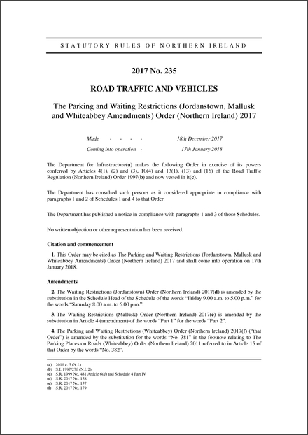 The Parking and Waiting Restrictions (Jordanstown, Mallusk and Whiteabbey Amendments) Order (Northern Ireland) 2017