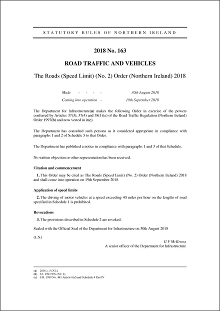 The Roads (Speed Limit) (No. 2) Order (Northern Ireland) 2018