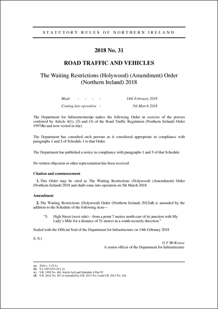 The Waiting Restrictions (Holywood) (Amendment) Order (Northern Ireland) 2018