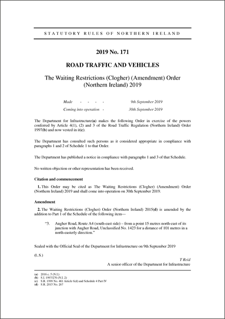 The Waiting Restrictions (Clogher) (Amendment) Order (Northern Ireland) 2019