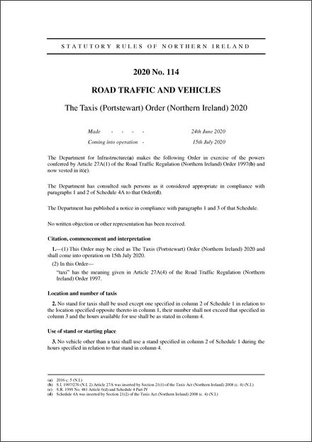 The Taxis (Portstewart) Order (Northern Ireland) 2020