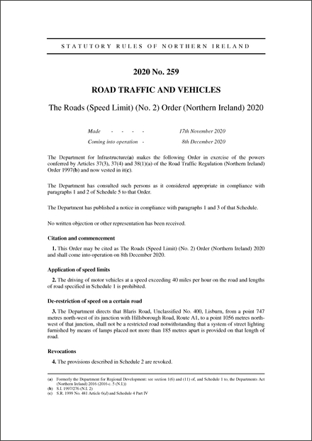 The Roads (Speed Limit) (No. 2) Order (Northern Ireland) 2020