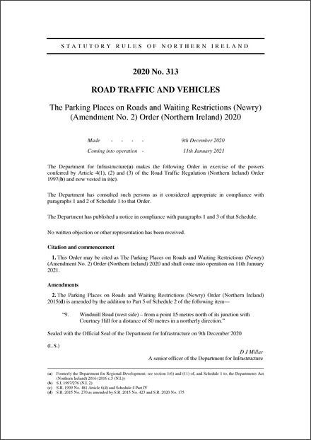 The Parking Places on Roads and Waiting Restrictions (Newry) (Amendment No. 2) Order (Northern Ireland) 2020
