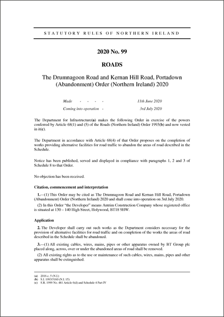 The Drumnagoon Road and Kernan Hill Road, Portadown (Abandonment) Order (Northern Ireland) 2020