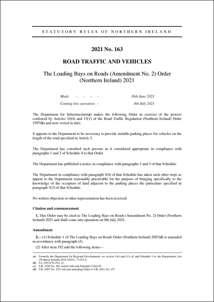 The Loading Bays on Roads (Amendment No. 2) Order (Northern Ireland) 2021