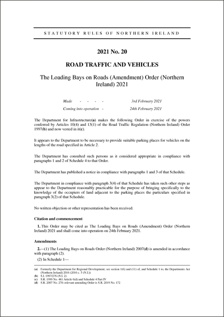 The Loading Bays on Roads (Amendment) Order (Northern Ireland) 2021