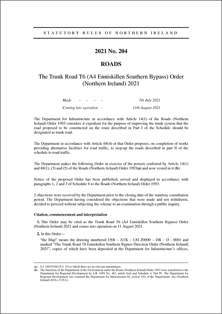 The Trunk Road T6 (A4 Enniskillen Southern Bypass) Order (Northern Ireland) 2021