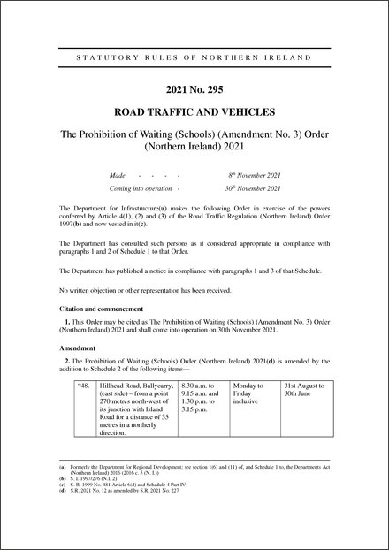 The Prohibition of Waiting (Schools) (Amendment No. 3) Order (Northern Ireland) 2021