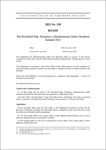 The Rockfield Park, Portaferry (Abandonment) Order (Northern Ireland) 2021