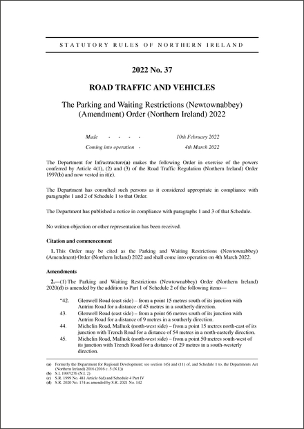 The Parking and Waiting Restrictions (Newtownabbey) (Amendment) Order (Northern Ireland) 2022