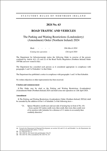 The Parking and Waiting Restrictions (Londonderry) (Amendment) Order (Northern Ireland) 2024