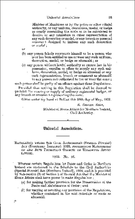 The Unlawful Associations Regulation (Northern Ireland) 1922