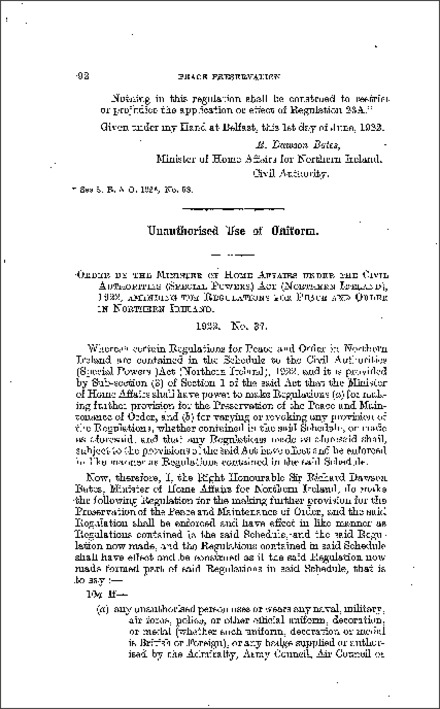The Unauthorised Use of Uniform Regulation (Northern Ireland) 1922