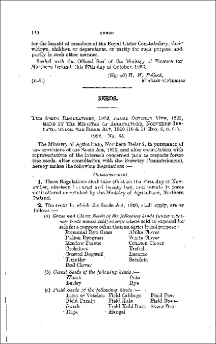 The Seeds Regulations (Northern Ireland) 1922
