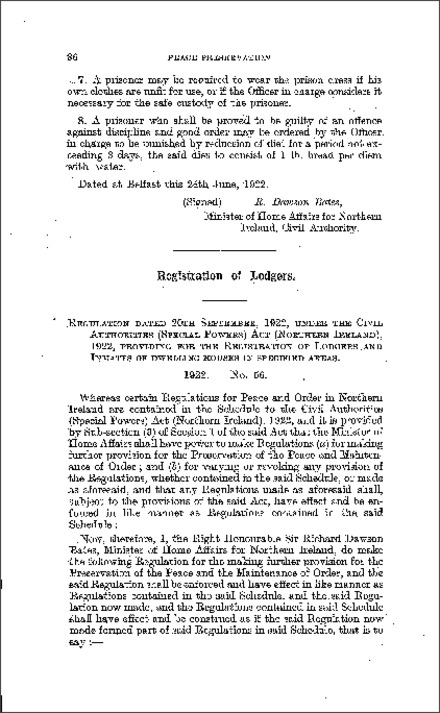 The Registration of Lodgers and Inmates of Dwelling Houses in Specified Areas (Northern Ireland) 1922