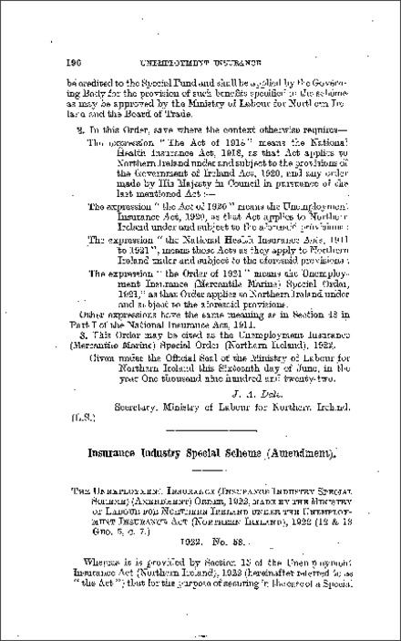 The Unemployment Insurance (Insurance Industry Special Scheme) (Amendment) Order (Northern Ireland) 1922
