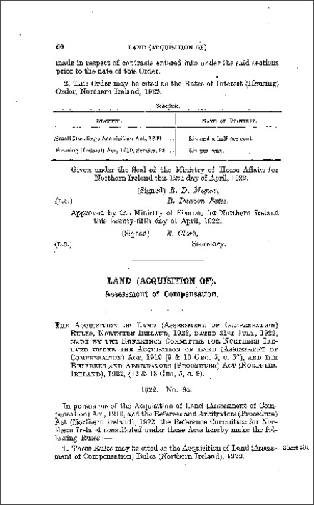 The Acquisition of Land (Assessment of Compensation) Rules (Northern Ireland) 1922