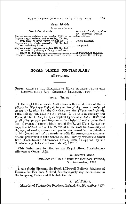 The Royal Ulster Constabulary Allowances Order (Northern Ireland) 1922