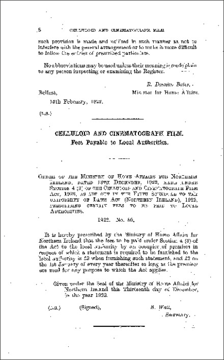 The Celluloid and Cinematograph Film (Fees) Order (Northern Ireland) 1922